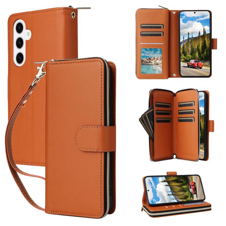 For Samsung Galaxy S26 5G Nine-card Slots Zipper Wallet Bag Leather Phone Case(Brown)