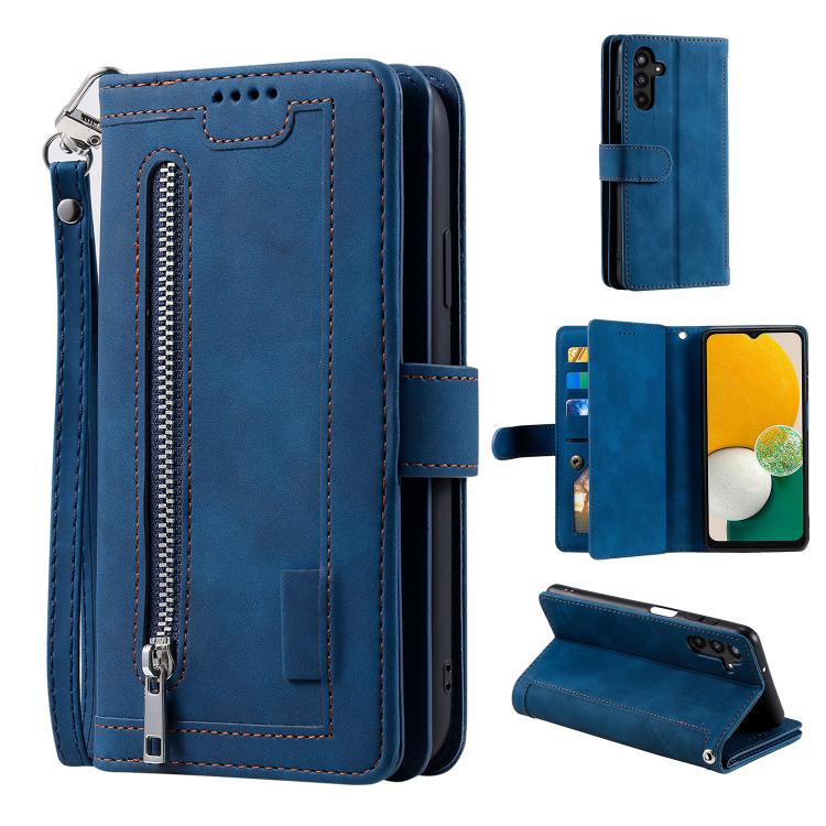 For Samsung Galaxy S26 5G Nine Card Zipper Bag Leather Phone Case with Lanyard(Blue)