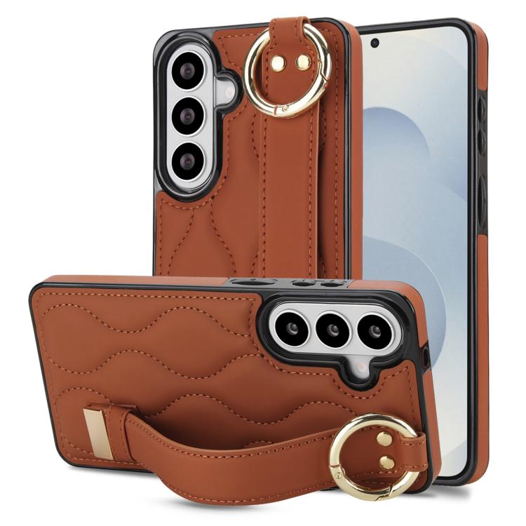 For Samsung Galaxy S26 5G Non-slip Full Coverage Ring PU Phone Case with Wristband(Brown)