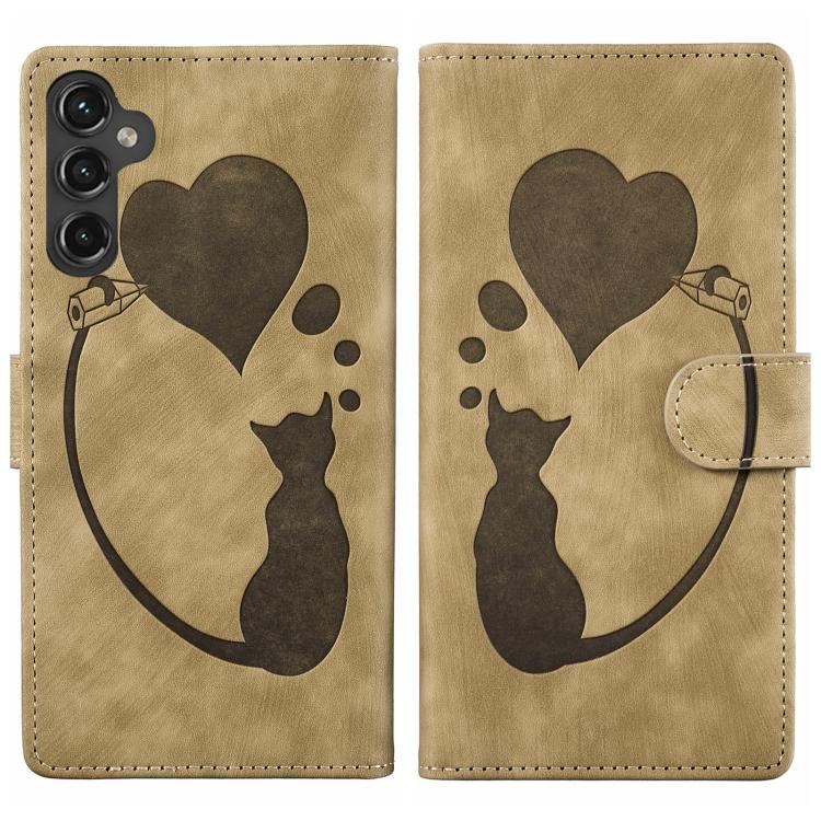 For Samsung Galaxy S26 5G Pen Heart Cat Embossed Leather Phone Case(Apricot)