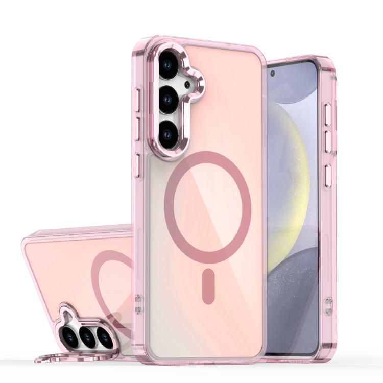 For Samsung Galaxy S26 5G Plating Gradient Discolor MagSafe Phone Case with Holder(Pink)