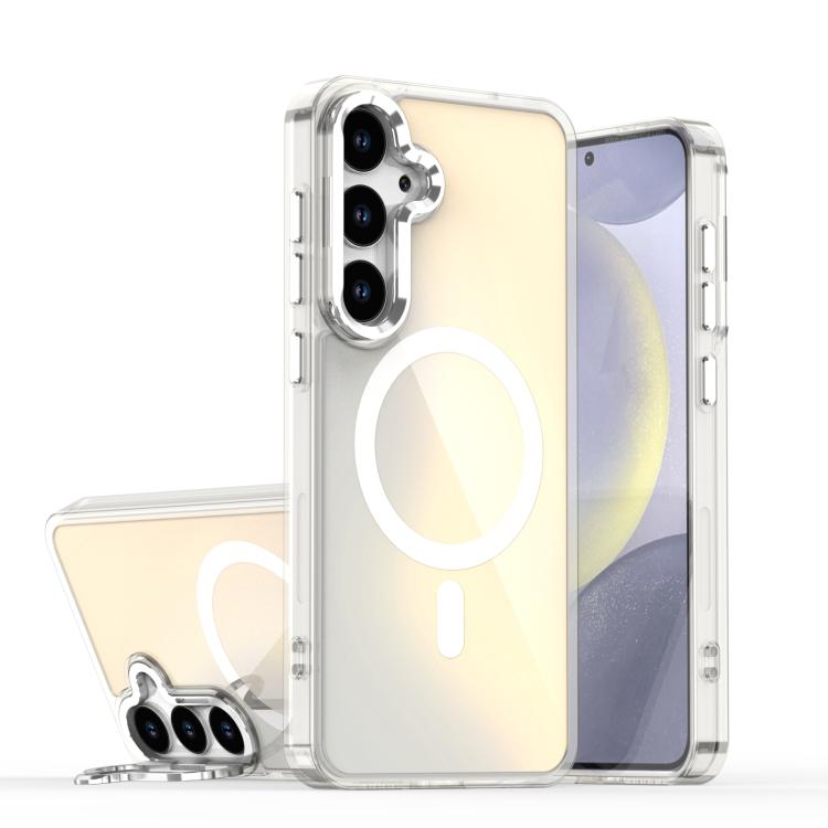 For Samsung Galaxy S26 5G Plating Gradient Discolor MagSafe Phone Case with Holder(White)