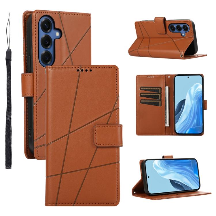 For Samsung Galaxy S26 5G PU Genuine Leather Texture Embossed Line Phone Case(Brown)
