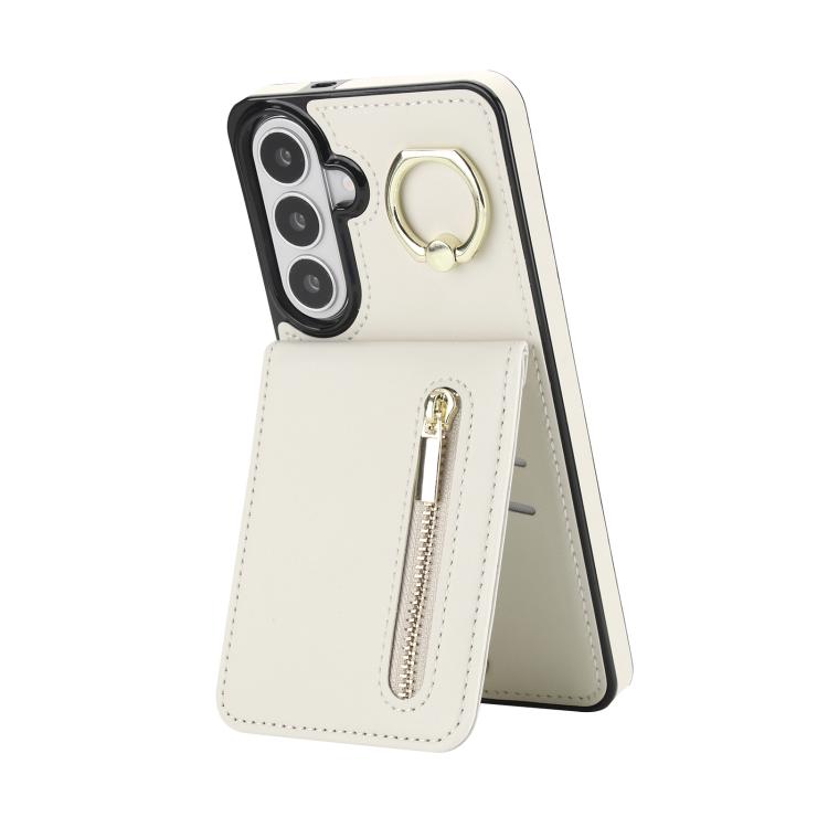 For Samsung Galaxy S26 5G Retro Ring and Zipper RFID Card Slot Phone Case(Beige)