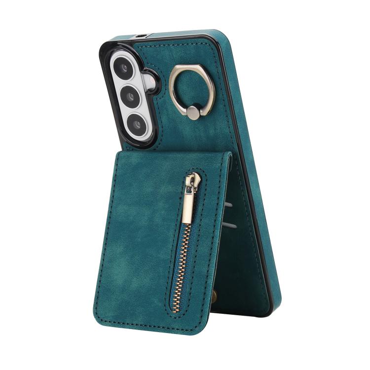 For Samsung Galaxy S26 5G Retro Ring and Zipper RFID Card Slot Phone Case(Green)