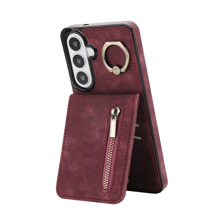 For Samsung Galaxy S26 5G Retro Ring and Zipper RFID Card Slot Phone Case(Wine Red)