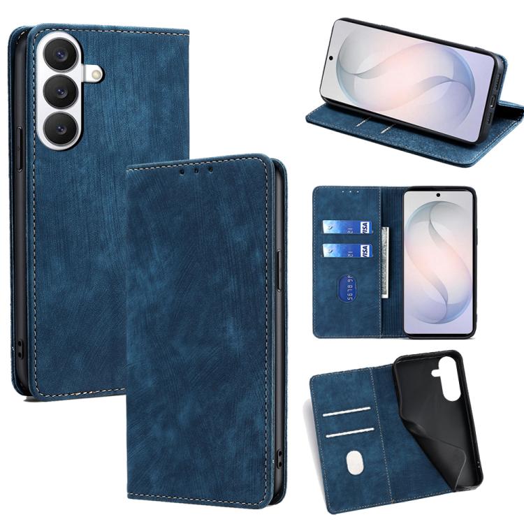 For Samsung Galaxy S26 5G RFID Anti-theft Brush Magnetic Leather Phone Case(Blue)