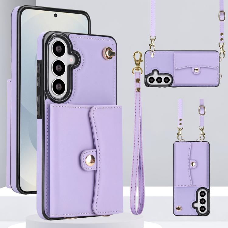 For Samsung Galaxy S26 5G RFID Card Slot Phone Case with Long Lanyard(Purple)