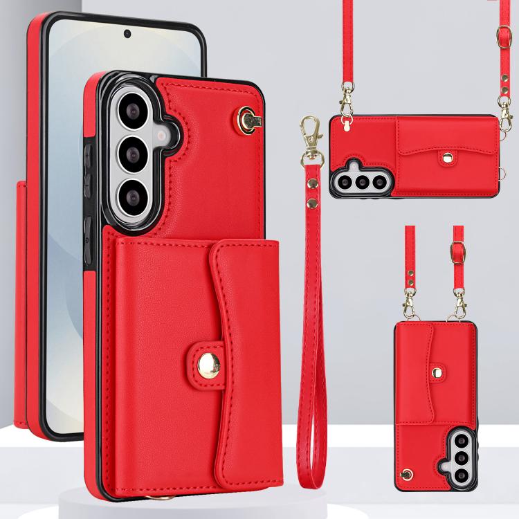 For Samsung Galaxy S26 5G RFID Card Slot Phone Case with Long Lanyard(Red)