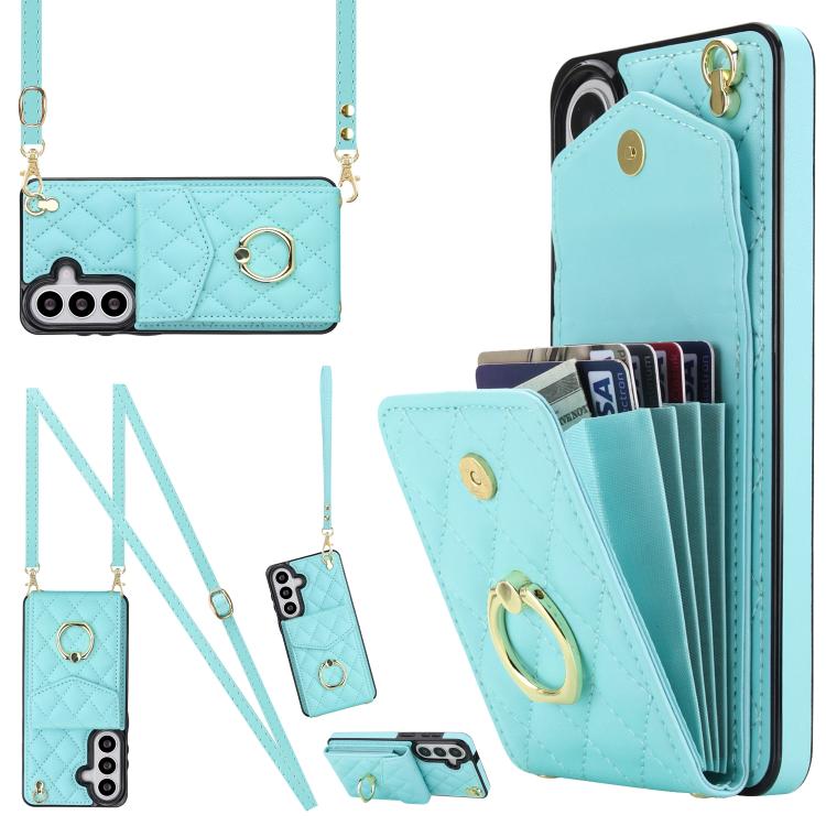 For Samsung Galaxy S26 5G Rhombic Texture Card Bag Phone Case with Long Lanyard(Mint Green)