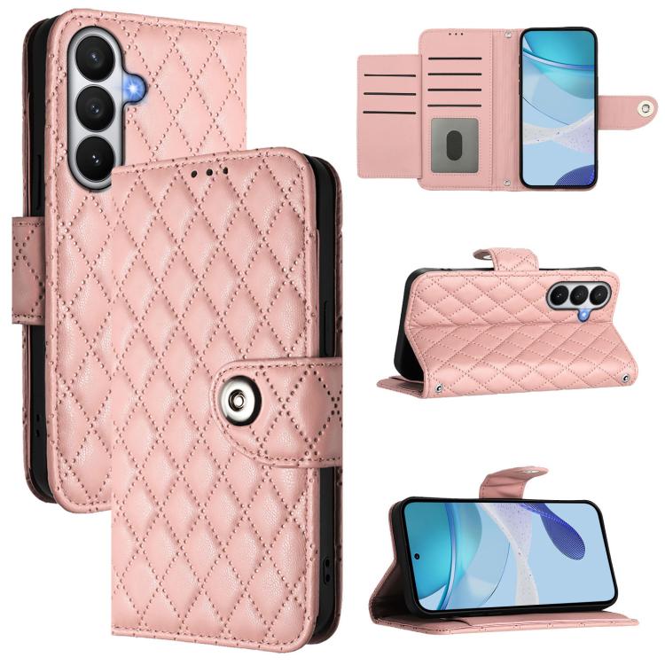 For Samsung Galaxy S26 5G Rhombic Texture Flip Leather Phone Case with Lanyard(Coral Pink)