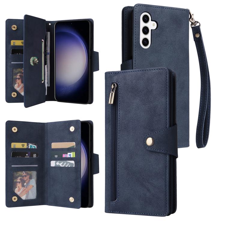 For Samsung Galaxy S26 5G Rivet Buckle 9 Cards Three Fold Leather Phone Case(Blue)