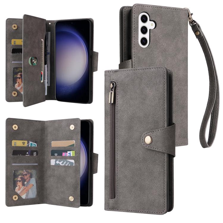 For Samsung Galaxy S26 5G Rivet Buckle 9 Cards Three Fold Leather Phone Case(Grey)