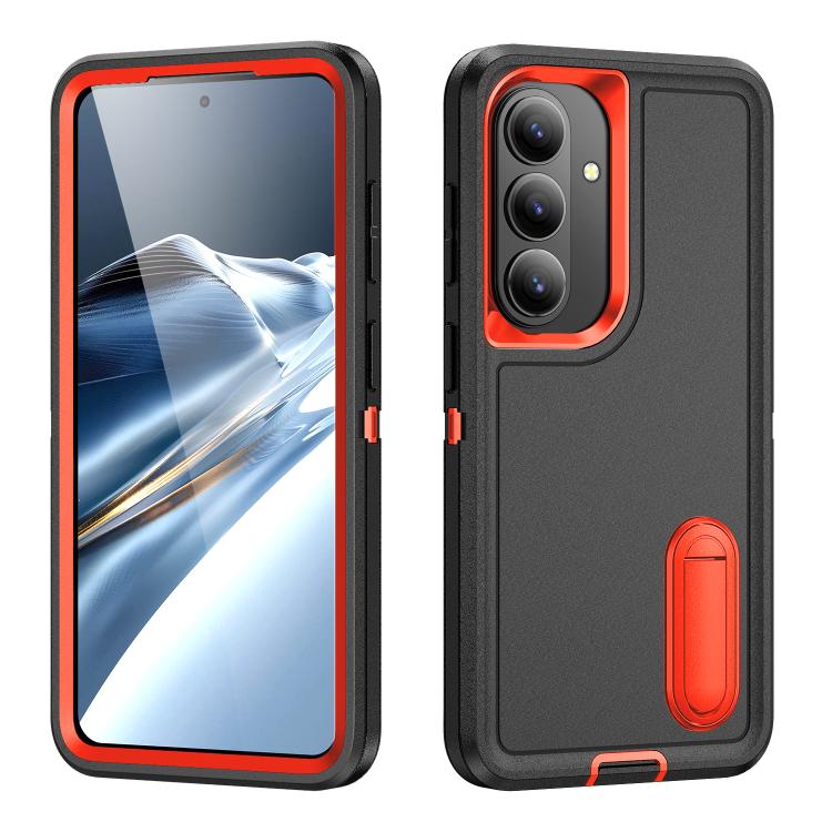 For Samsung Galaxy S26 5G Rugged PC Hybrid Silicone Phone Case with Holder(Black+Orange)
