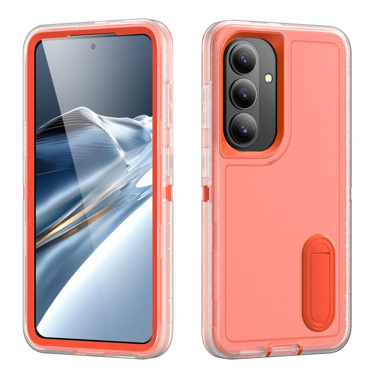 For Samsung Galaxy S26 5G Rugged PC Hybrid Silicone Phone Case with Holder(Transparent+Orange)