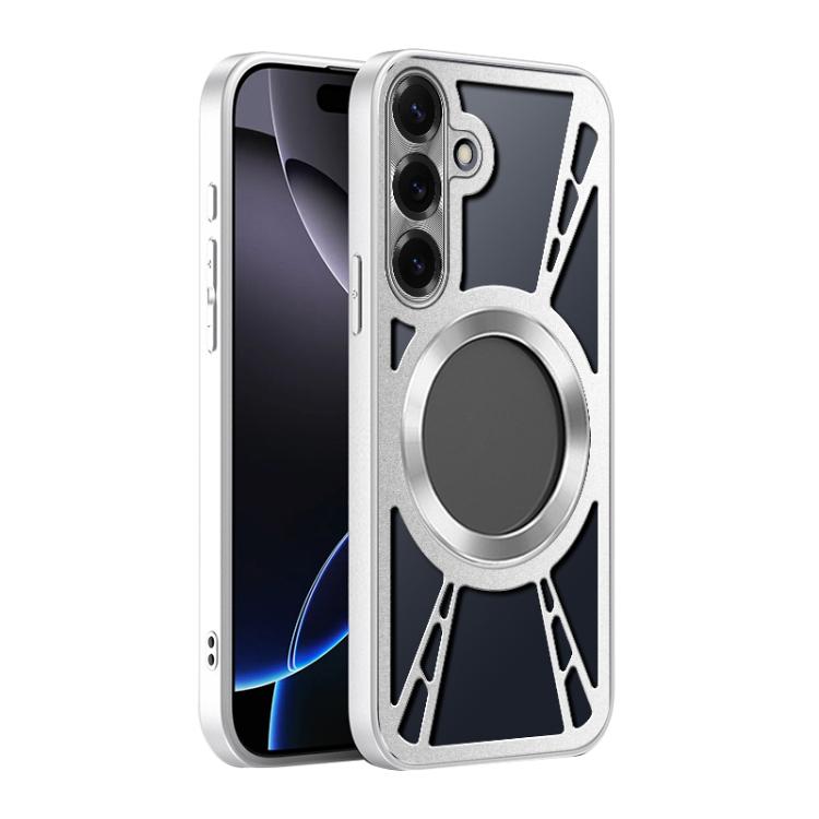 For Samsung Galaxy S26 5G Silicone Cooling Hollow Metal MagSafe Phone Case(Silver)