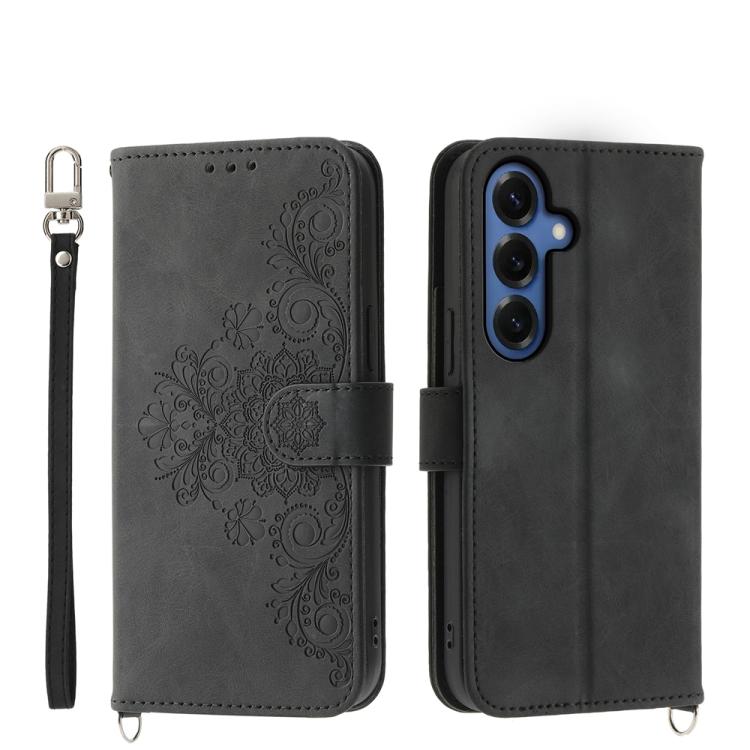 For Samsung Galaxy S26 5G Skin Feel Flowers Embossed Wallet Leather Phone Case(Black)