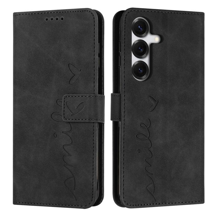 For Samsung Galaxy S26 5G Skin Feel Heart Embossed Leather Phone Case with Long Lanyard(Black)