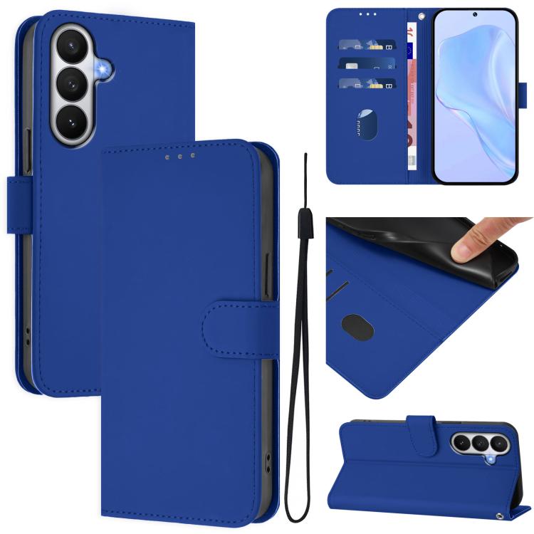 For Samsung Galaxy S26 5G Skin Feel Solid Color Leather Phone Case with Lanyard(Dark Blue)