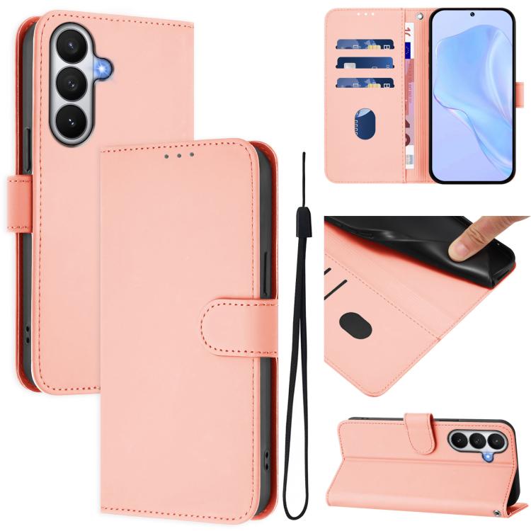 For Samsung Galaxy S26 5G Skin Feel Solid Color Leather Phone Case with Lanyard(Pink)