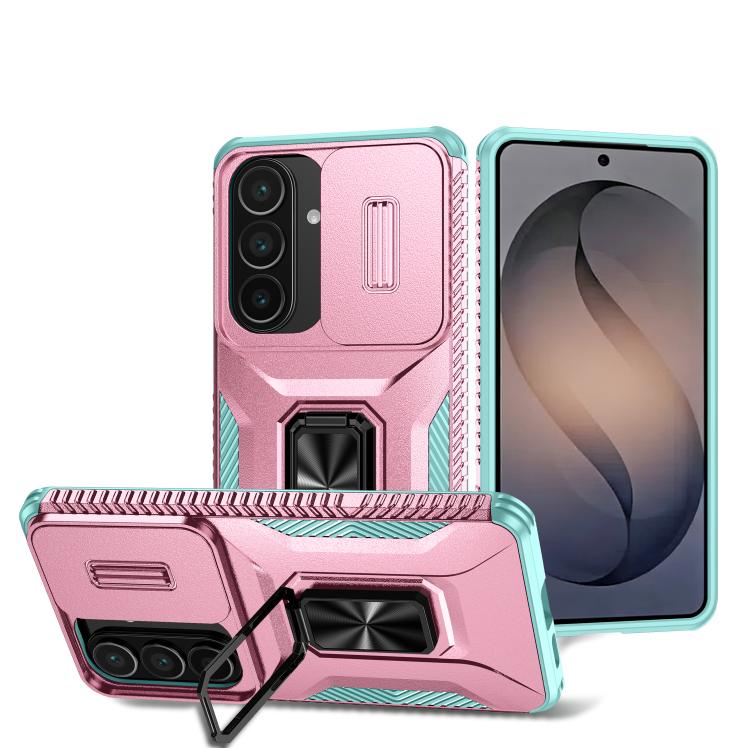 For Samsung Galaxy S26 5G Sliding Camshield Holder Phone Case(Grey Green + Pink)