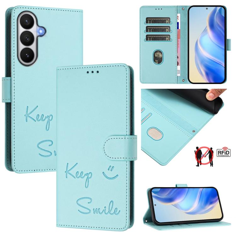 For Samsung Galaxy S26 5G Smile Embossing RFID Leather Phone Case(Mint Green)