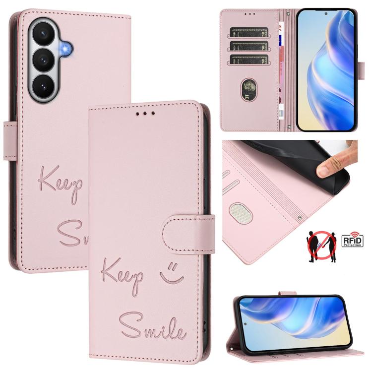 For Samsung Galaxy S26 5G Smile Embossing RFID Leather Phone Case(Pink)