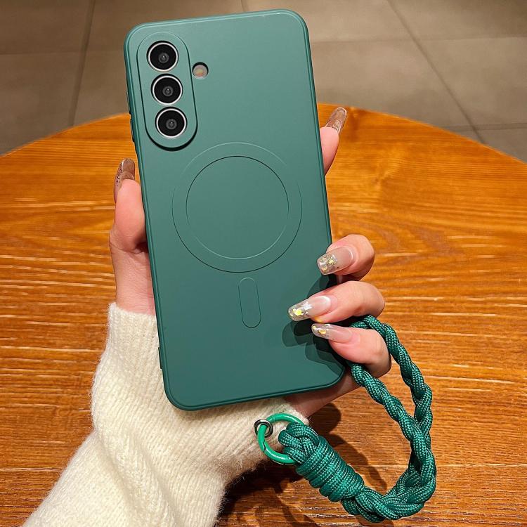 For Samsung Galaxy S26 5G Solid Color Liquid Silicone Magnetic Phone Case with Lanyard(Dark Green)