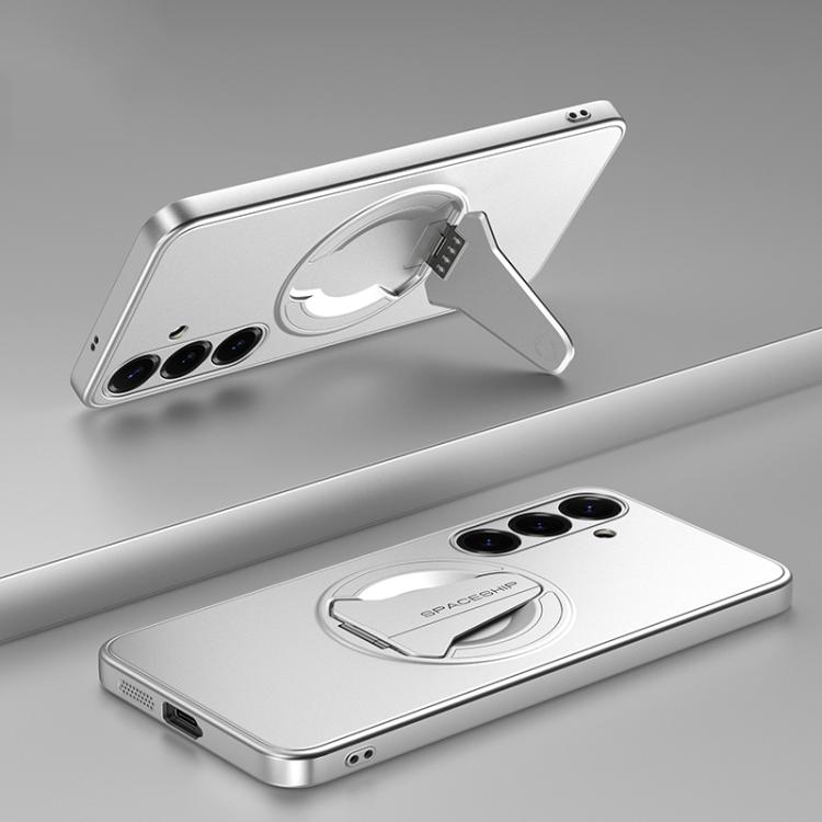 For Samsung Galaxy S26 5G Spaceship MagSafe Folding Holder Phone Case(Silver White)