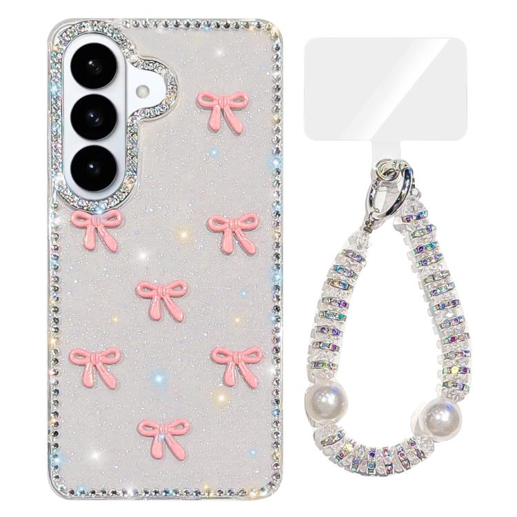 For Samsung Galaxy S26 5G Sparkling IMD Colorful Bow Phone Case with Bracelet(Glitter Transparent)