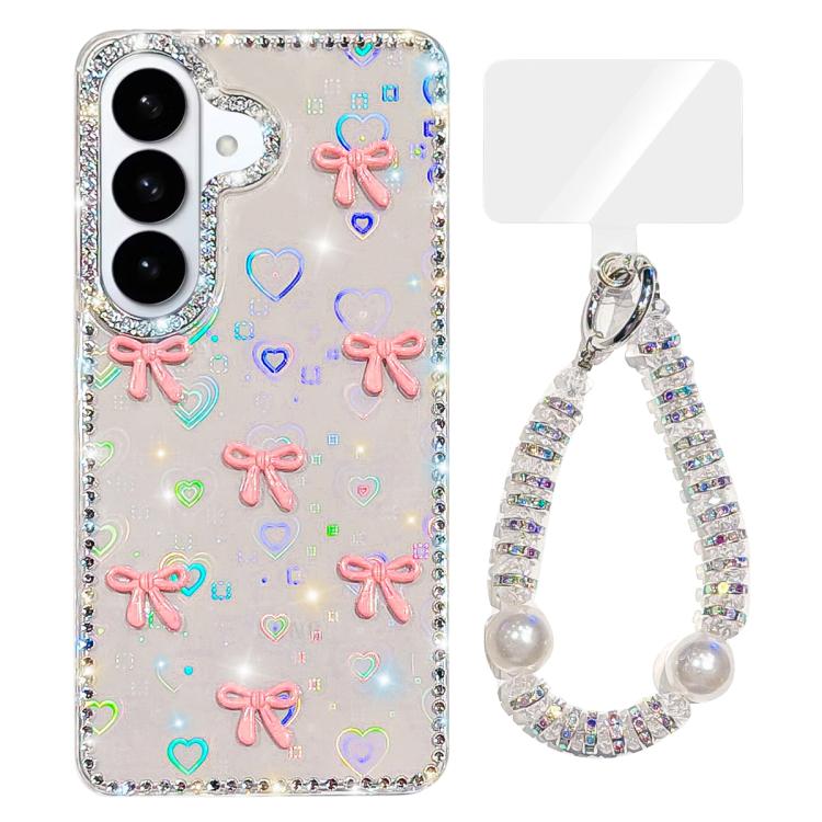 For Samsung Galaxy S26 5G Sparkling IMD Colorful Bow Phone Case with Bracelet(Love Transparent)