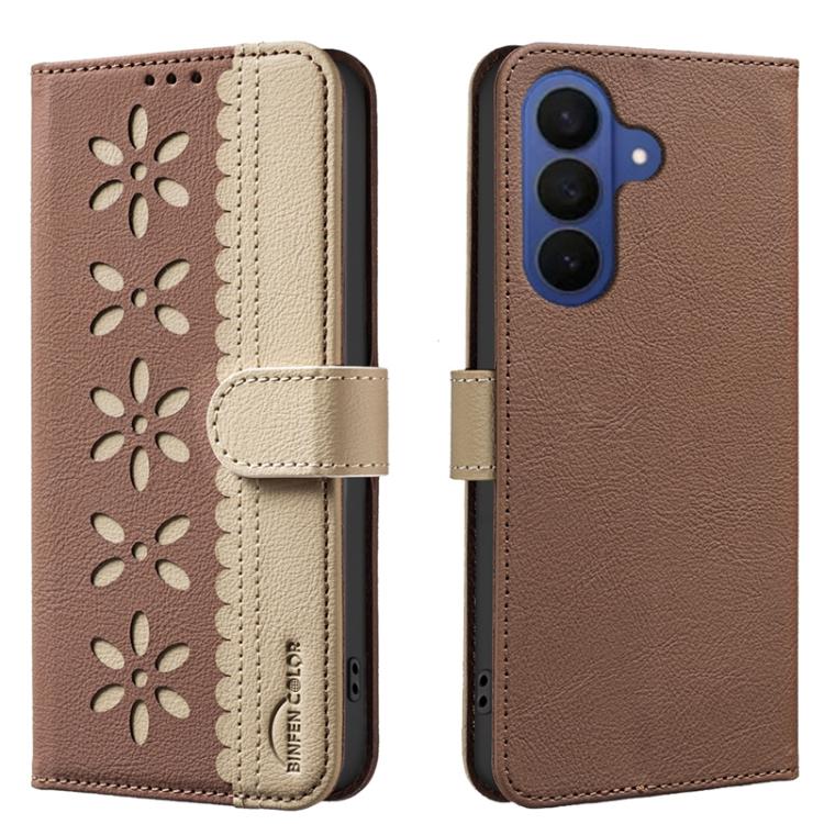 For Samsung Galaxy S26 5G Splicing Color Hollow Flower Pattern RFID Leather Phone Case(Brown)