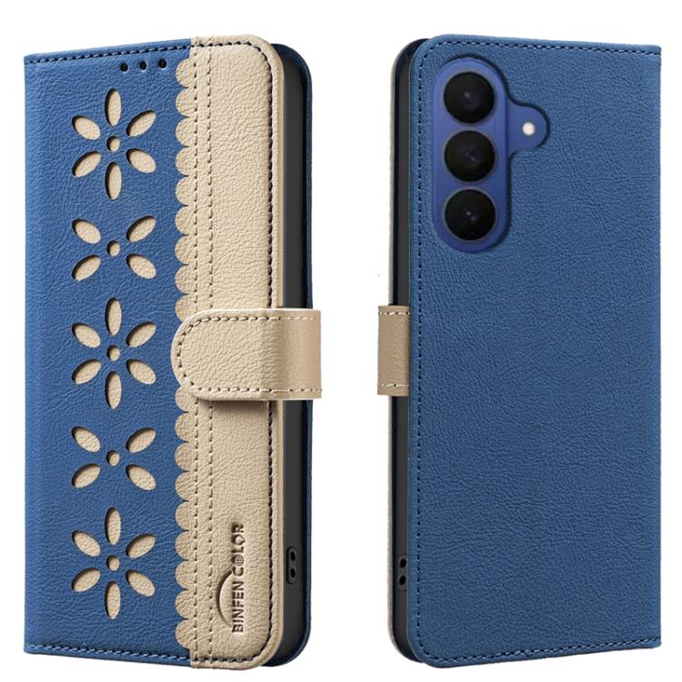 For Samsung Galaxy S26 5G Splicing Color Hollow Flower Pattern RFID Leather Phone Case(Dark Blue)