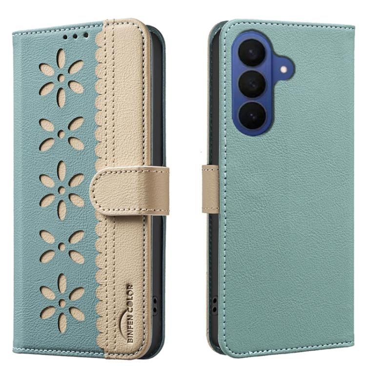 For Samsung Galaxy S26 5G Splicing Color Hollow Flower Pattern RFID Leather Phone Case(Green)