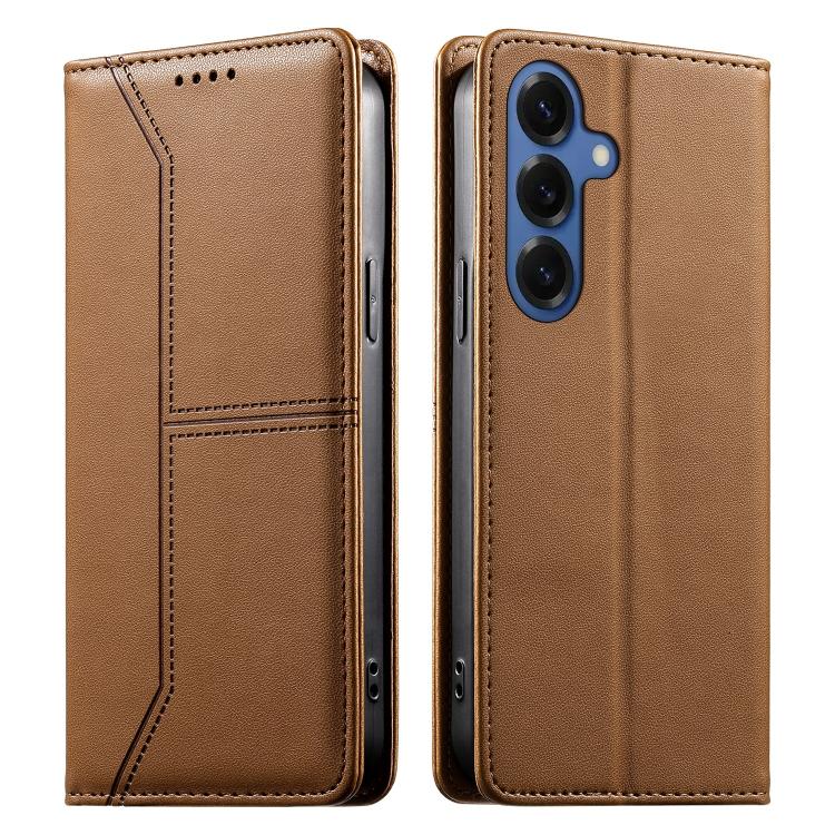 For Samsung Galaxy S26 5G Stitched Line Magnetic RFID Vegan Leather Phone Case(Brown)