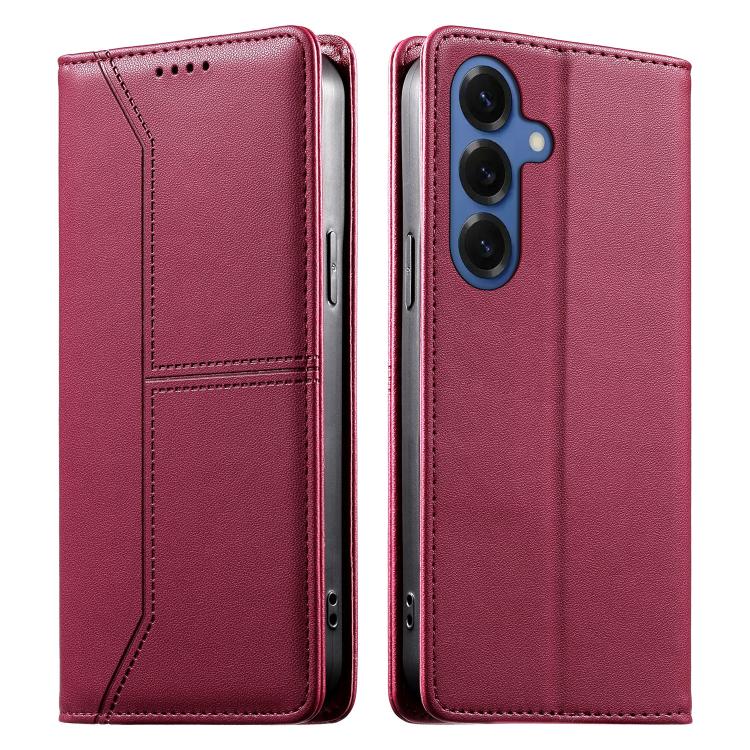 For Samsung Galaxy S26 5G Stitched Line Magnetic RFID Vegan Leather Phone Case(Wine Red)