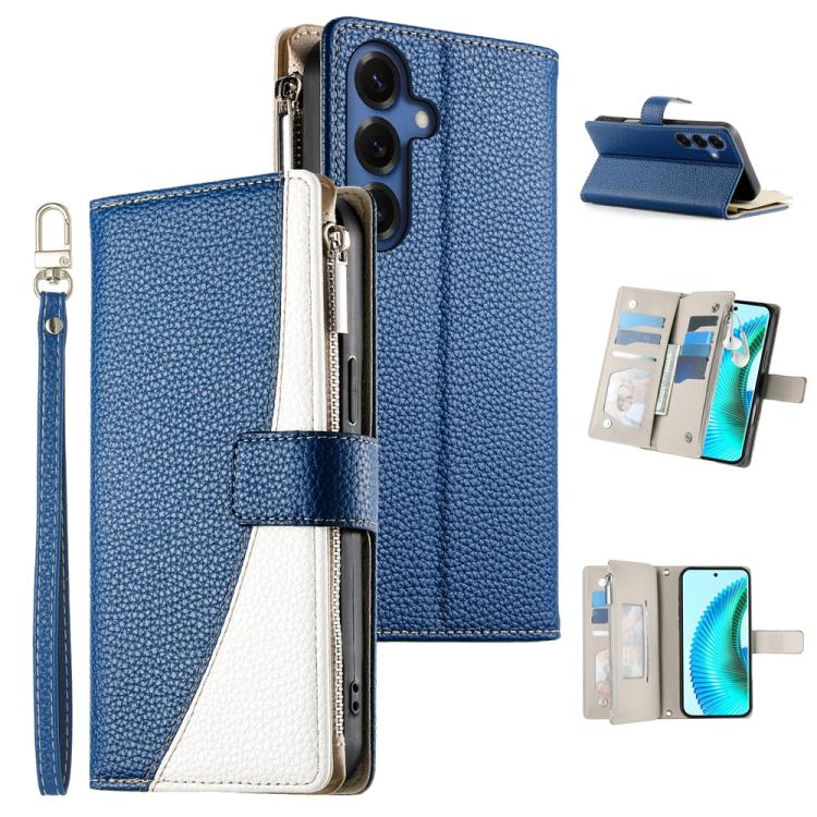 For Samsung Galaxy S26 5G Stitching Multi-card Zipper Wallet Leather Phone Case with Short Strap(Dark Blue)