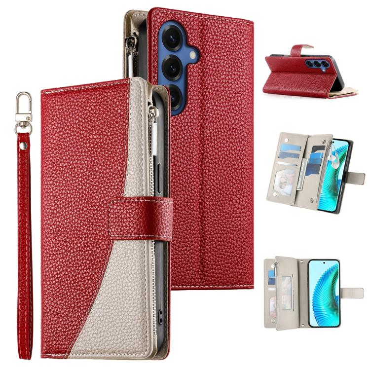 For Samsung Galaxy S26 5G Stitching Multi-card Zipper Wallet Leather Phone Case with Short Strap(Red)