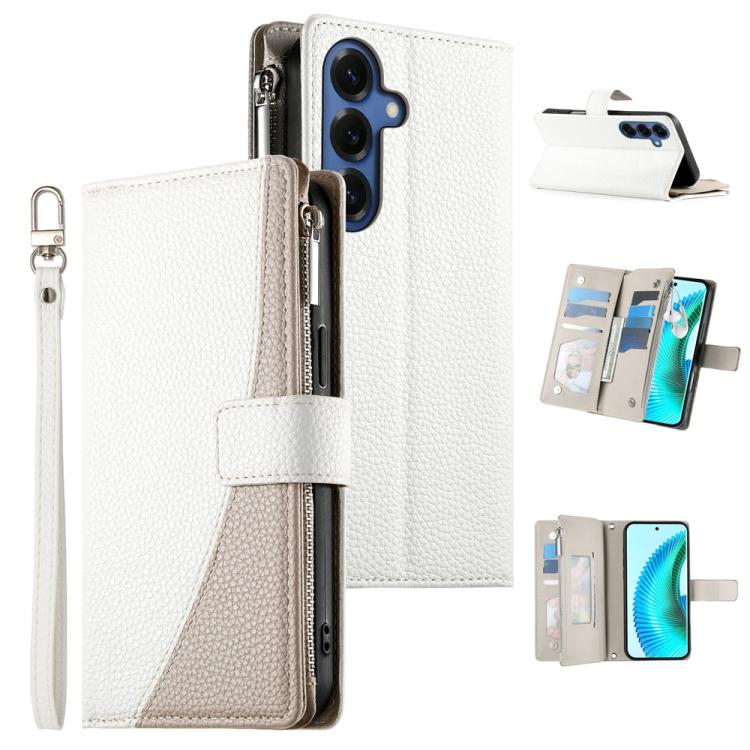 For Samsung Galaxy S26 5G Stitching Multi-card Zipper Wallet Leather Phone Case with Short Strap(White)