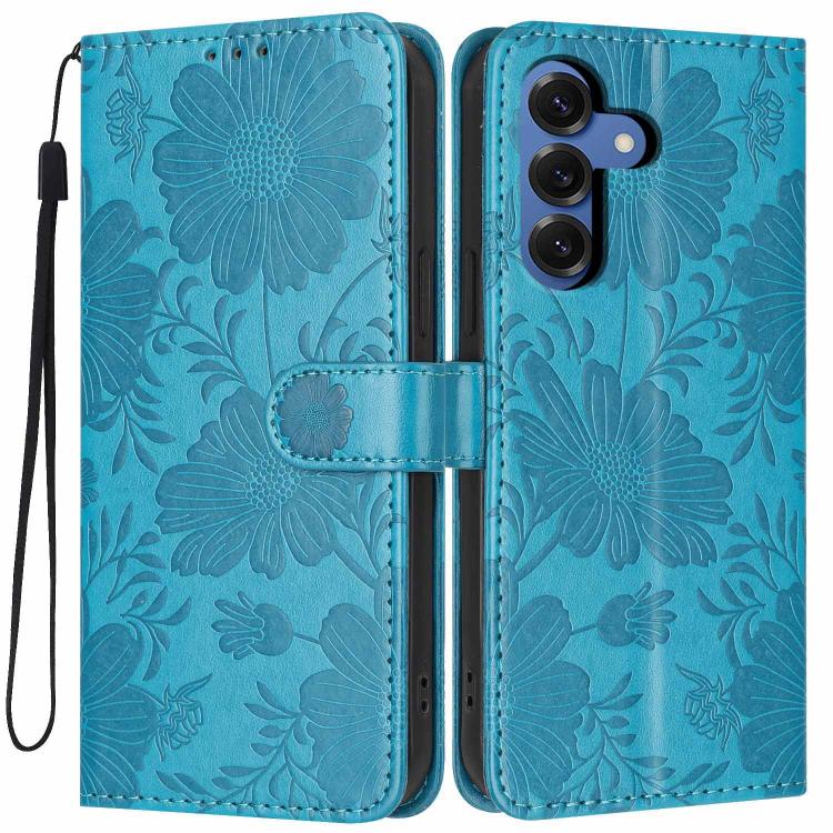 For Samsung Galaxy S26 5G Sunflower Embossed Vegan Leather Phone Case with Small Black Rope(Blue)