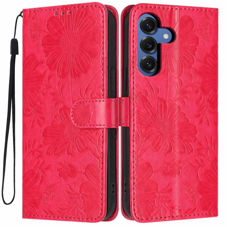 For Samsung Galaxy S26 5G Sunflower Embossed Vegan Leather Phone Case with Small Black Rope(Red)