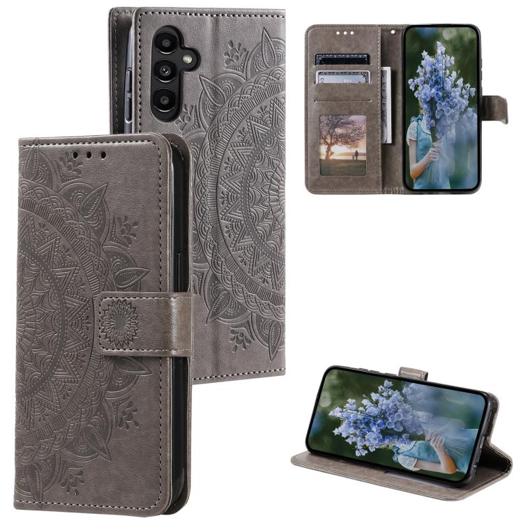 For Samsung Galaxy S26 5G Totem Flower Embossed Leather Phone Case with Lanyard(Grey)
