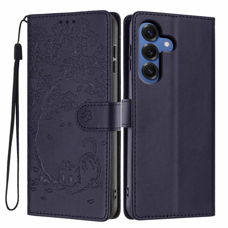 For Samsung Galaxy S26 5G Tree Cat Embossed Flip Vegan Leather Phone Case(Dark Blue)