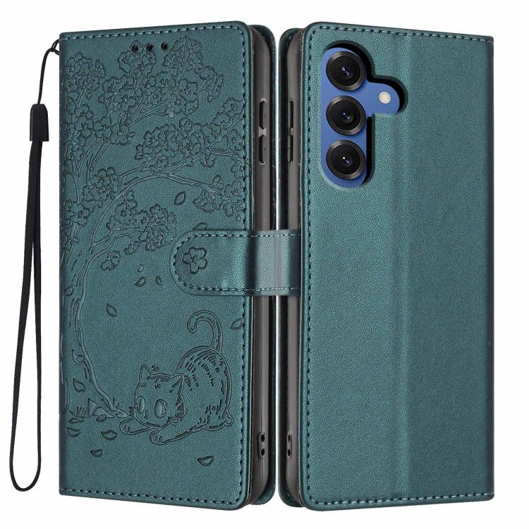 For Samsung Galaxy S26 5G Tree Cat Embossed Flip Vegan Leather Phone Case(Deep Green)