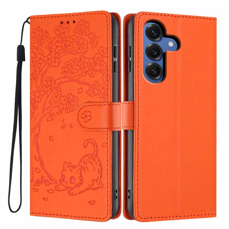 For Samsung Galaxy S26 5G Tree Cat Embossed Flip Vegan Leather Phone Case(Orange)