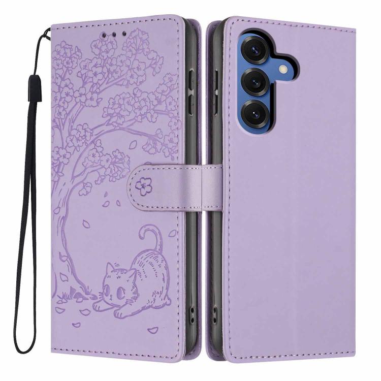 For Samsung Galaxy S26 5G Tree Cat Embossed Flip Vegan Leather Phone Case(Purple)