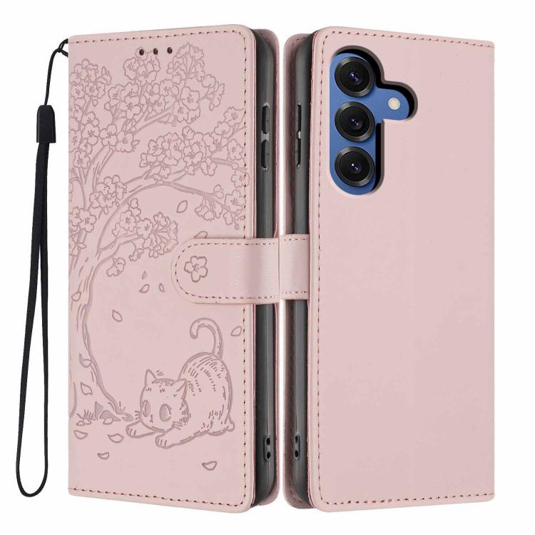 For Samsung Galaxy S26 5G Tree Cat Embossed Flip Vegan Leather Phone Case(Rose Gold)
