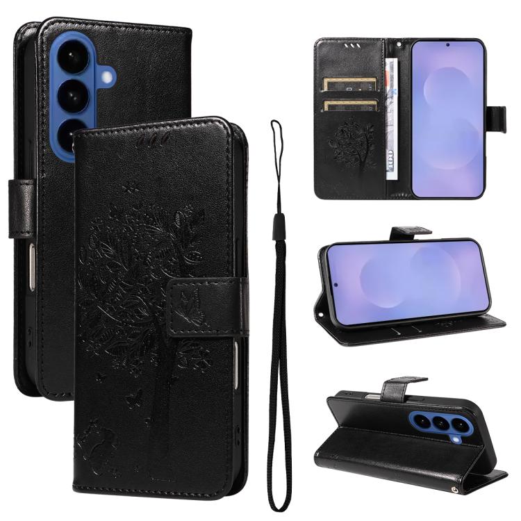 For Samsung Galaxy S26 5G Tree & Cat Embossed Pattern Flip Leather Phone Case(Black)