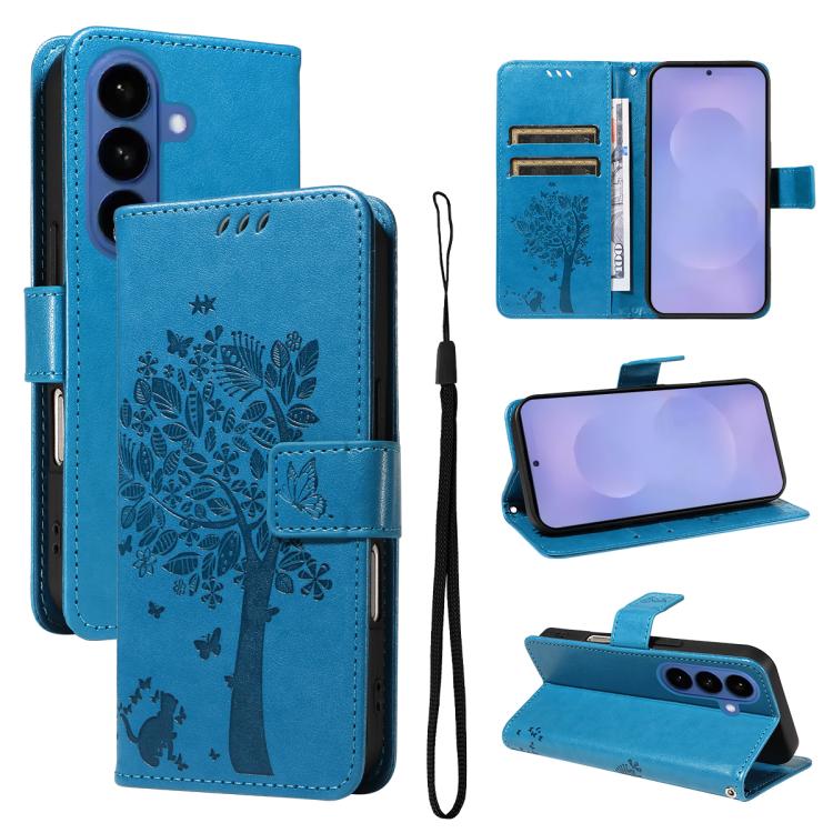 For Samsung Galaxy S26 5G Tree & Cat Embossed Pattern Flip Leather Phone Case(Blue)