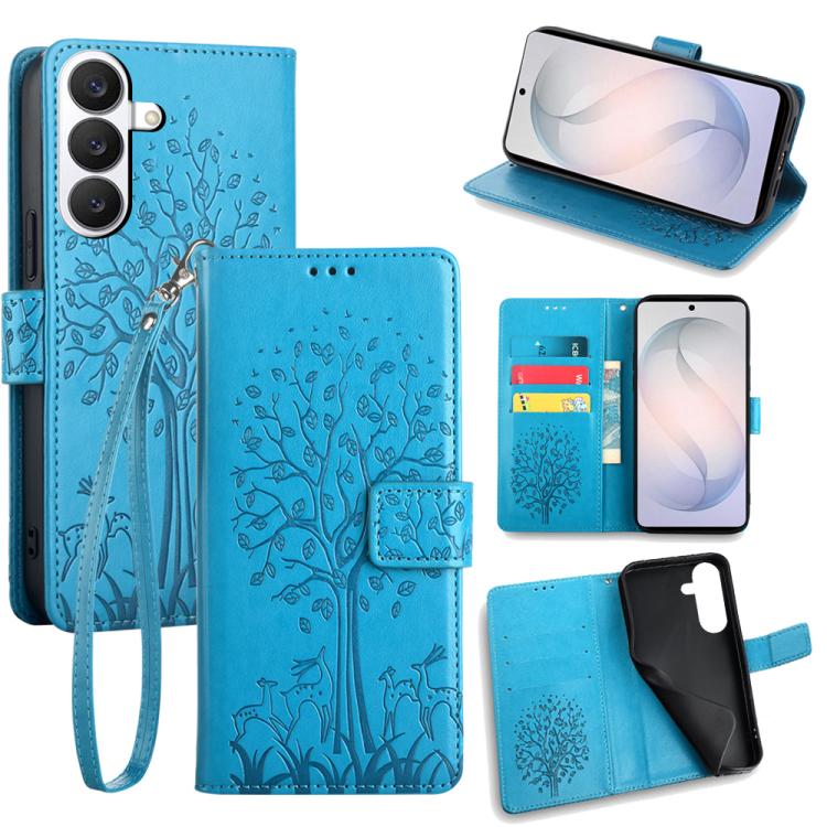 For Samsung Galaxy S26 5G Tree & Deer Embossed Leather Phone Case(Blue)